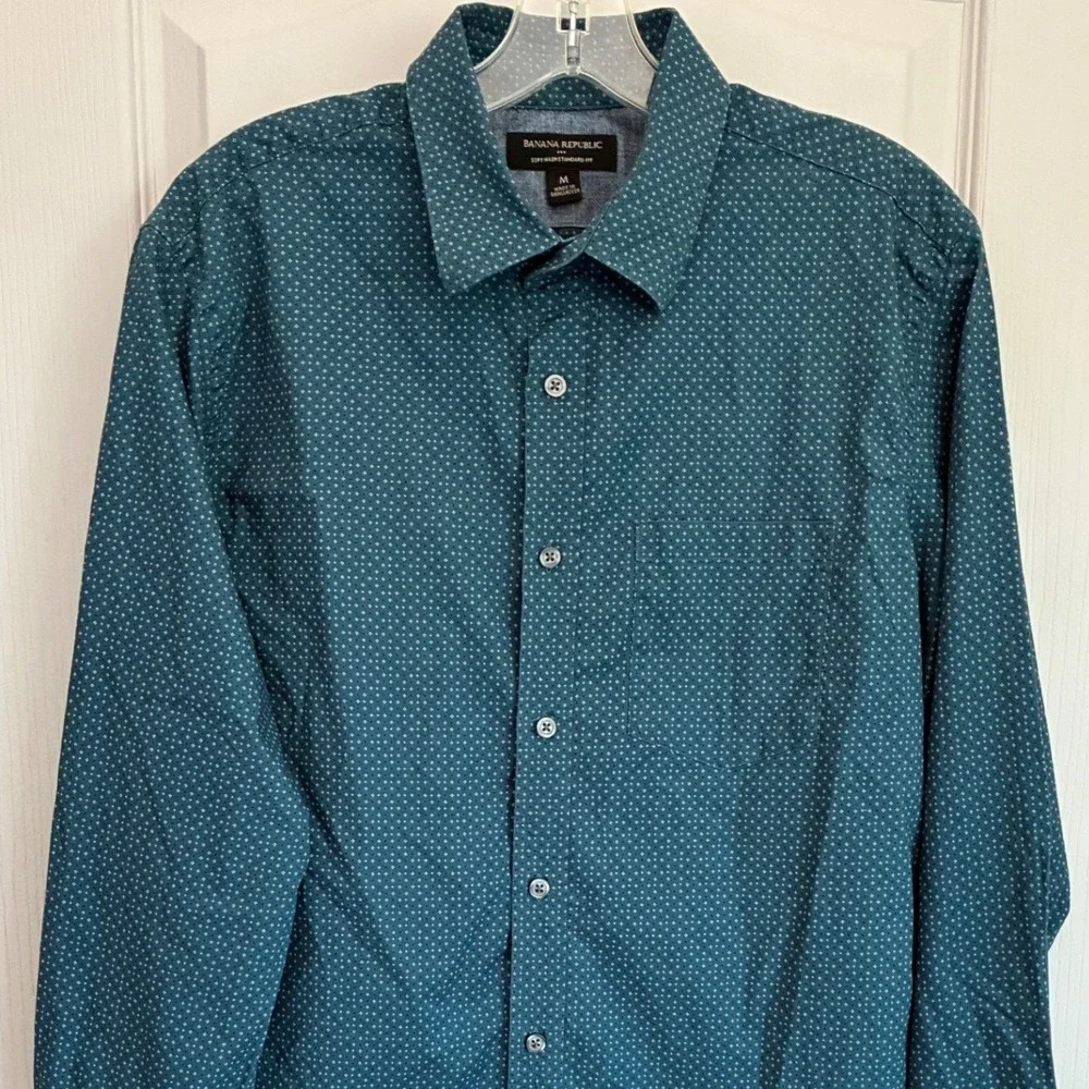 Banana Republic Mens Teal Blue Geometric Soft Wash Cotton Shirt Medium